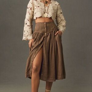 Anthropologie Brown Midi Skirt with Button Detail
